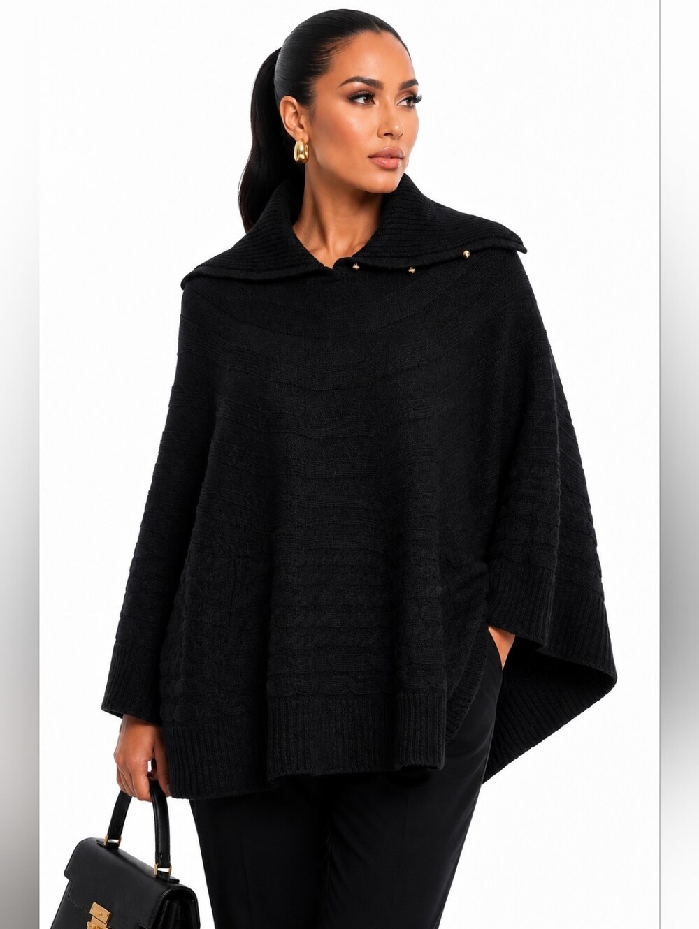 St. John Sport Black Wool Blend Knit Poncho Sweater Small Gold Button